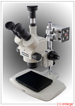 A Meiji Techno EMZ5-TR stereo zoom microscope with focus drive
